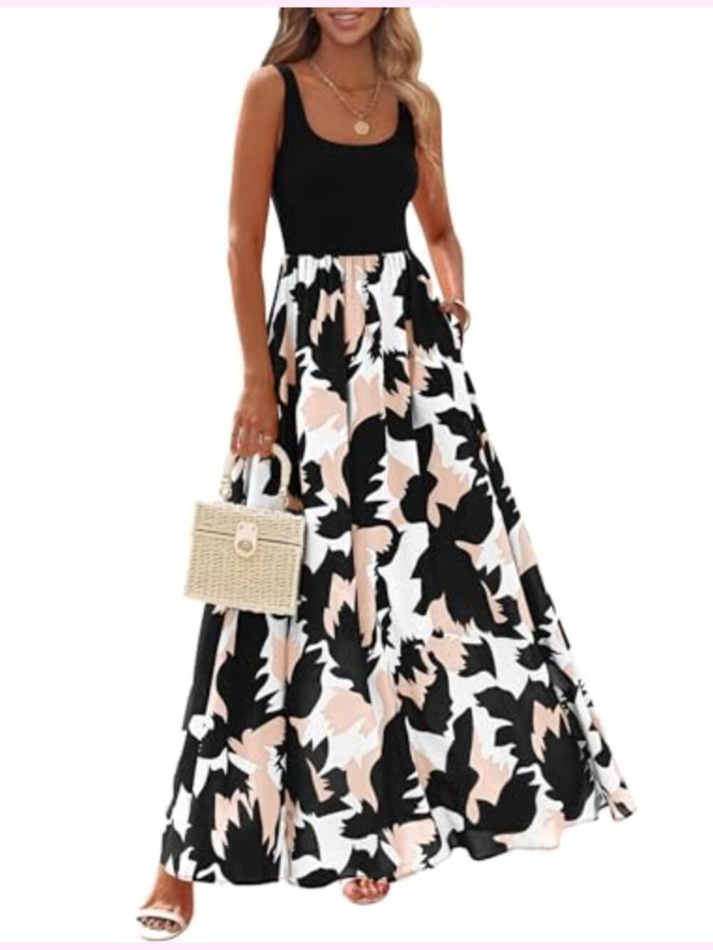 Boho Floral Maxi Dress Sleeveless Scoop Neck Tank A-Line Sundress with Pockets